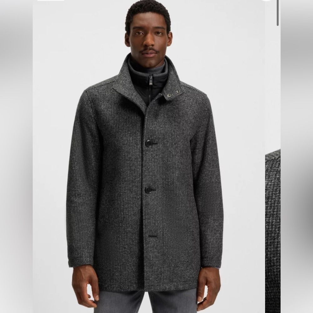 HUGO BOSS Coxtan Virgin Tweed Wool Blend Coat With Bib Charcoal Sz 46R Car Coat